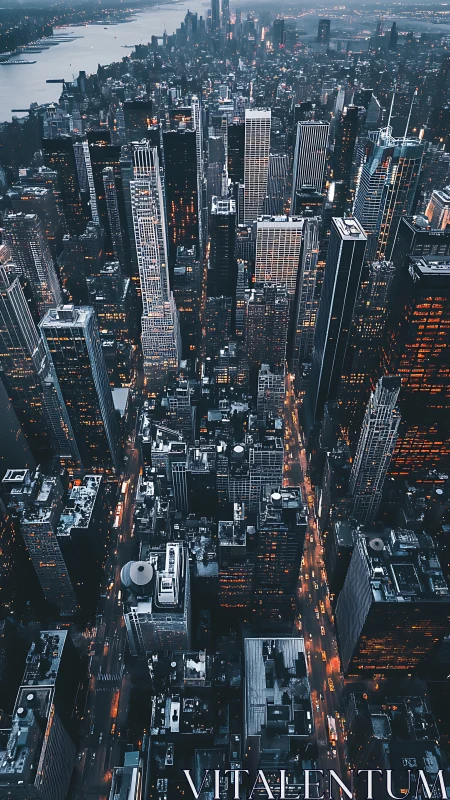 Dense night city skyline viewed from above in dusk light.
