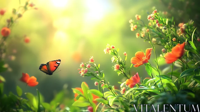 Butterfly drifts through sunrise-bright petals and quiet green