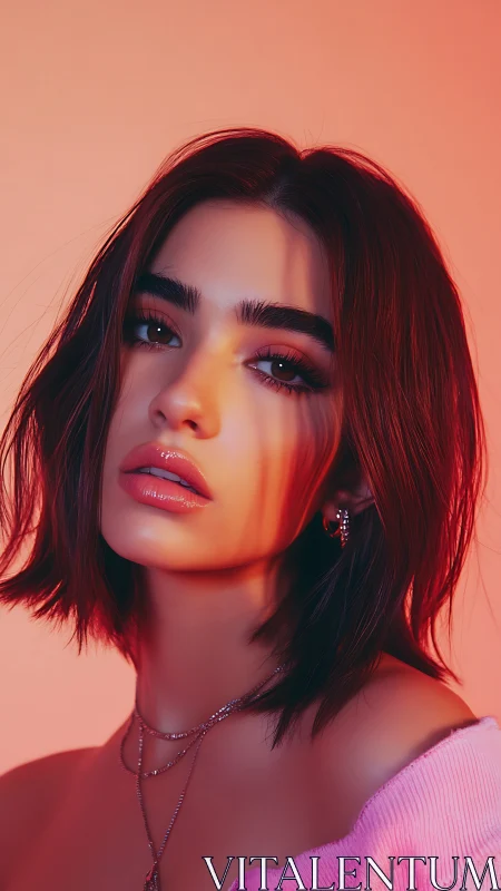Portrait of young woman in warm pink studio lighting.