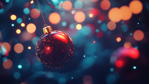 Crimson bauble drifts through dreamy holiday bokeh magic.