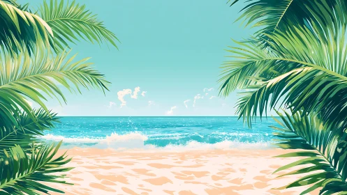 Tropical shoreline framed by vector-precise palm foliage.