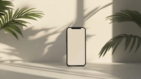 Smartphone mockup centered in minimalist sunlit space with botanical elements