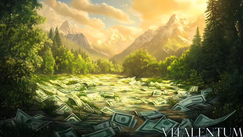 River of floating dollar bills winds through sunlit mountains.