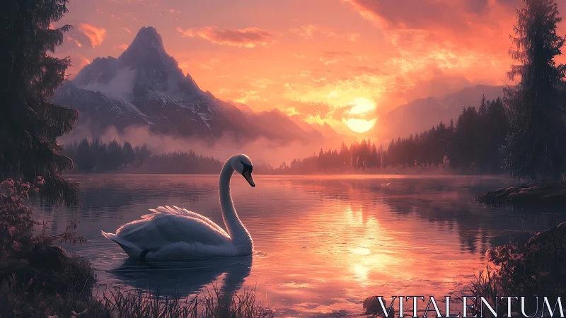 Swan occupies foreground of diffuse sunset mountain lake scene