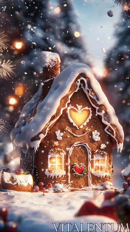 Gingerbread cottage glows warmly in a snowy winter forest