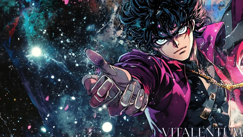 Celestial anime warrior extends hand through cosmic void.