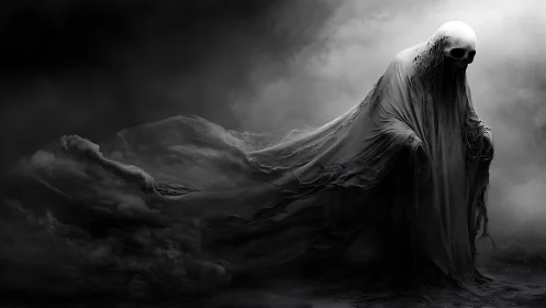Shrouded skeletal wraith emerges from stormy shadow clouds.