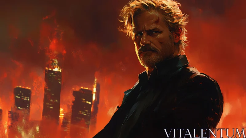 Brooding hero stands before burning city skyline inferno.