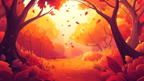 Incandescent Autumn Reverie: Where Crimson Trees Dance Golden.