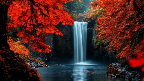 Digital painting waterfall framed by scarlet autumn canopy.