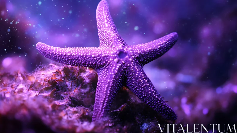 Macro study of purple starfish texture in bokeh-lit seafloor habitat