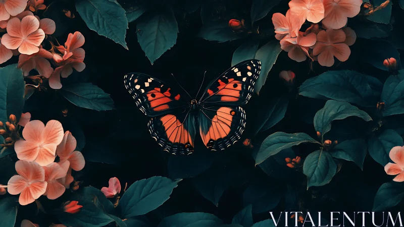 Orange butterfly resting among dark teal garden foliage.