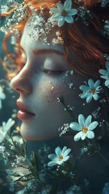 Dreamlike redheaded portrait entwined with white flowers.