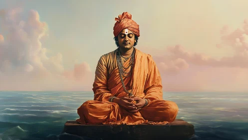 Serene monk in saffron robes quietly meditating above water