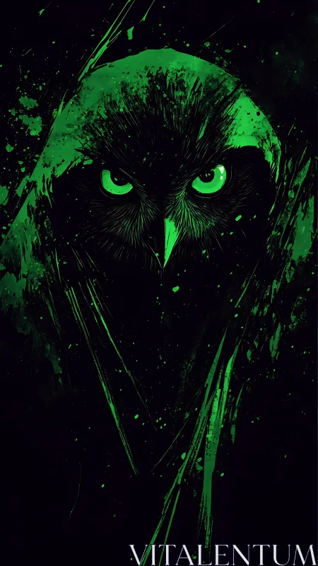 Neon green owl emerges from darkness in splattered abstraction