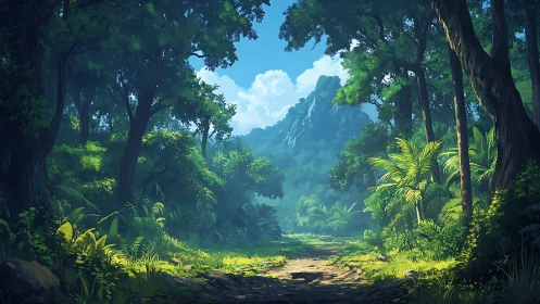 Luminous jungle vista reveals karst formations through towering canopy.