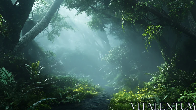 Misty Forest Sanctuary. Ancient Canopy Path Through Emerald Wilderness.