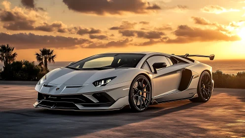 Low-angle supercar render under warm coastal sunset illumination