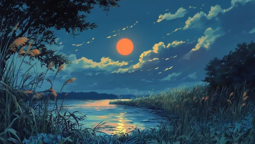 Moonlit lake with reeds and distant silhouetted hills.