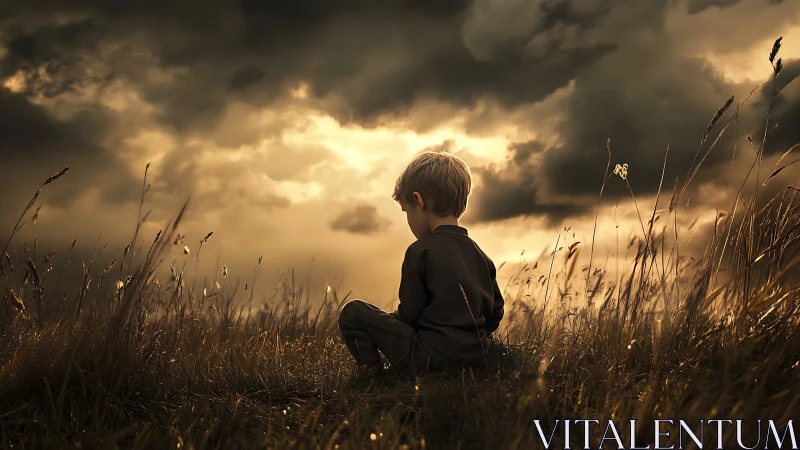 Child seated in tall grass under dense storm clouds at dusk.