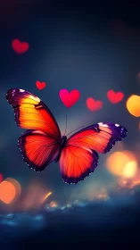 Luminous red butterfly drifts through dreamy hearts at dusk