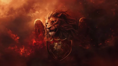 Winged lion crest in fiery atmospheric digital composition