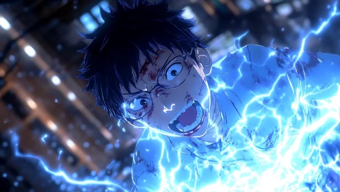 Electrified anime protagonist under blue energy surge