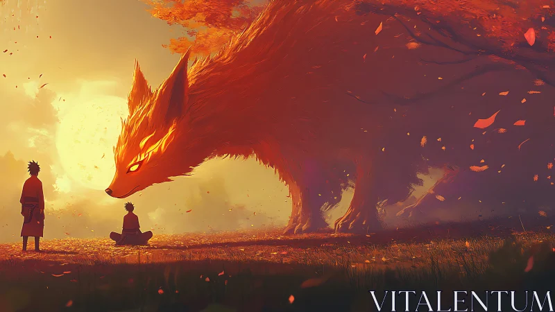Giant fox spirit meets two figures in glowing sunset field.
