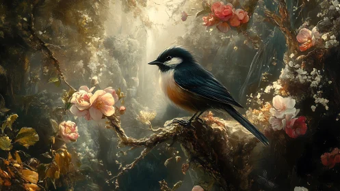 Songbird on a Blossoming Branch, Dreamy Nature Artwork.