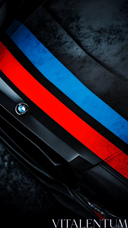 Oblique macro view isolates BMW hood stripes with worn matte finish