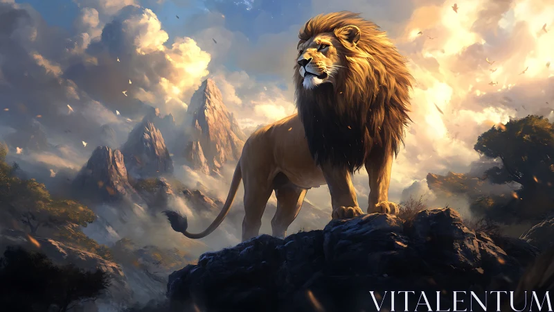 Majestic lion greeting the glowing mountains at sunrise.