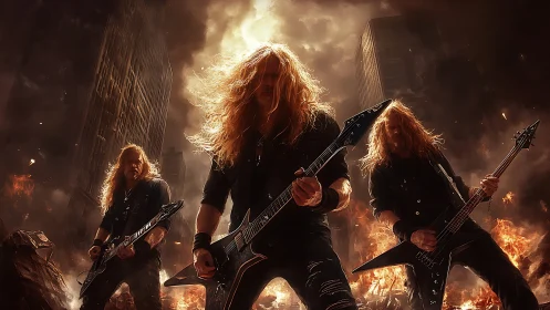 Firestorm guitar saints shredding through a ruined skyline.