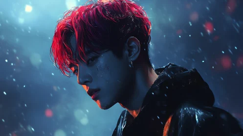 Male profile portrait in rain-lit urban night environment