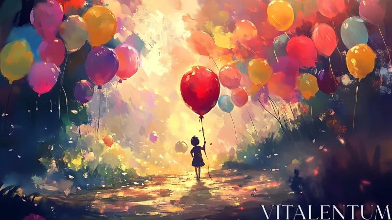 Silhouette of child holding balloons in luminous forest path.