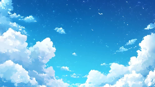 Cloud-filled blue sky with distant birds in digital view.