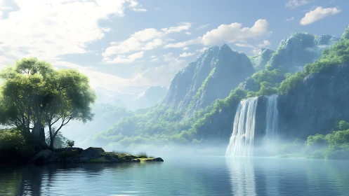 Mist-kissed waterfalls whisper across glassy mountain lake