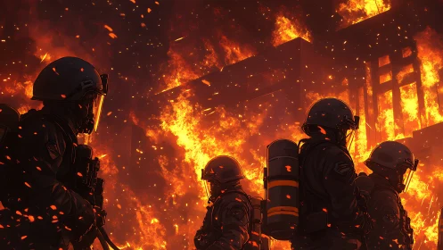 Firefighters battle intense inferno at burning building structure.