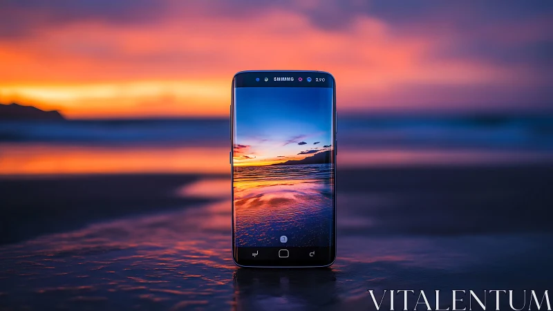 Smartphone on wet shoreline displaying coastal sunset scene.