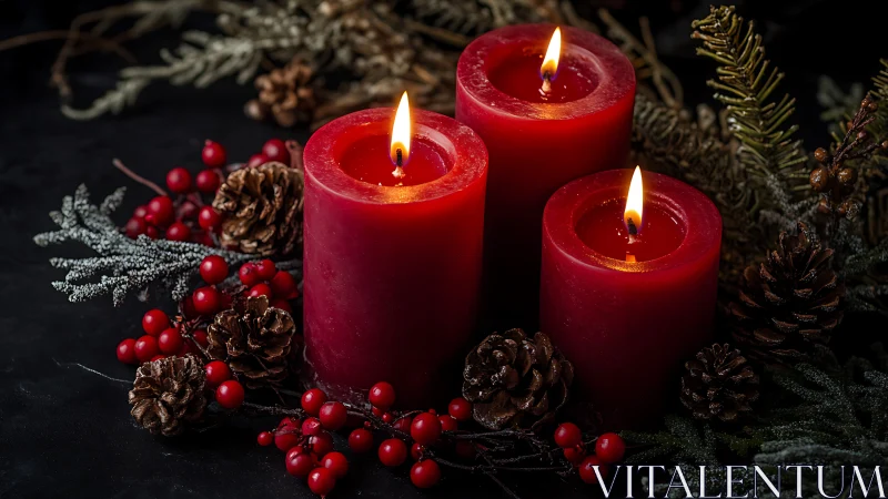 Red pillar candles glow amid winter pine and berries.