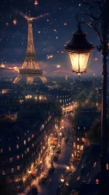 Nighttime Paris street and Eiffel Tower rendered in glowing light