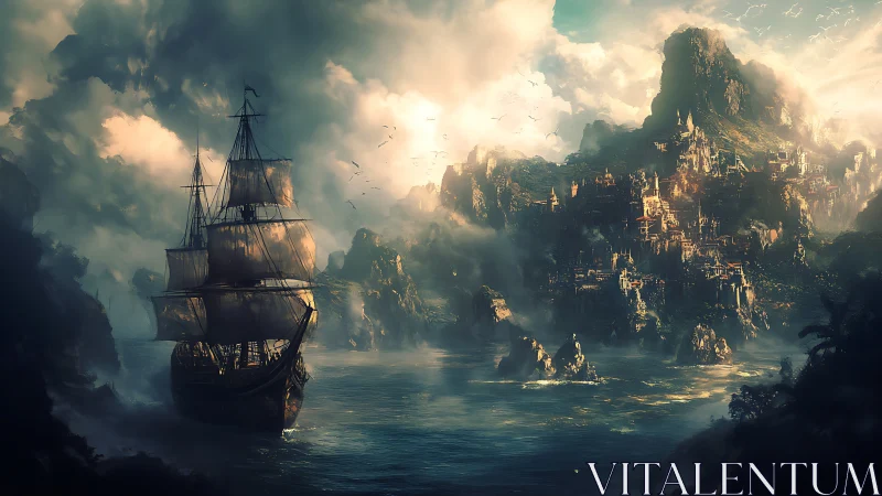 Sailing vessel navigates coastal archipelago with distant castle fortification structure