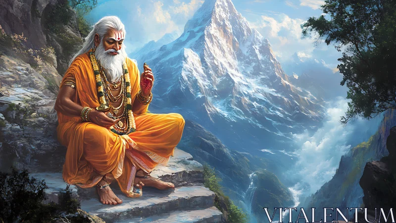 Hindu sage seated on mountain ledge before snowy peak.