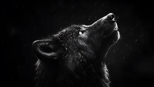 Solitary black wolf gazes upward through the falling night rain