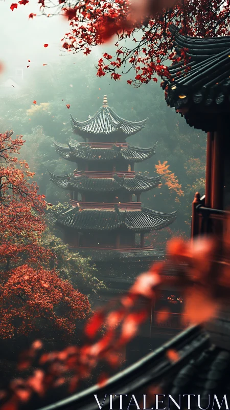 Multi-tiered pagoda stands amid dense autumn foliage in fog