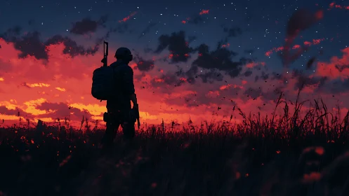 Lone traveler soldier pauses beneath a glowing, starry dusk sky.