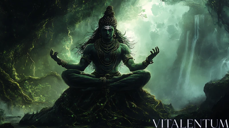 Mythic figure in meditative pose within dense forest scene.