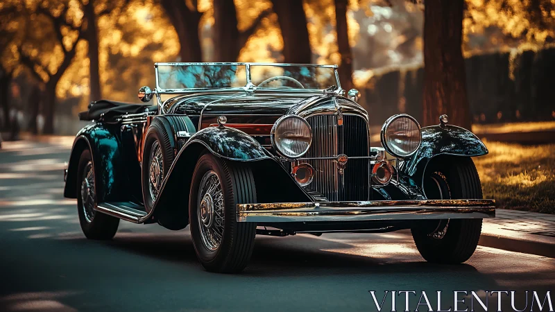 Vintage roadster rendered in warm golden-hour photorealistic detail