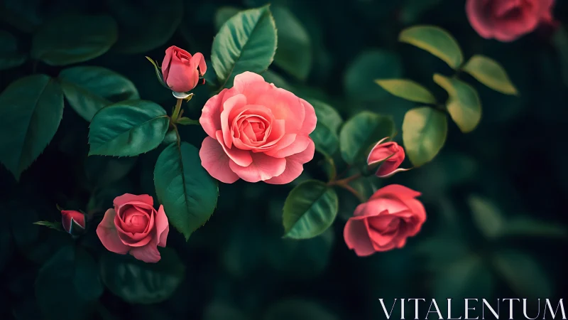 Coral-hued roses in chiaroscuro botanical composition.