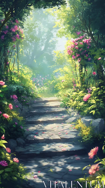 Sunlit stone garden stairs framed by lush flowering foliage.