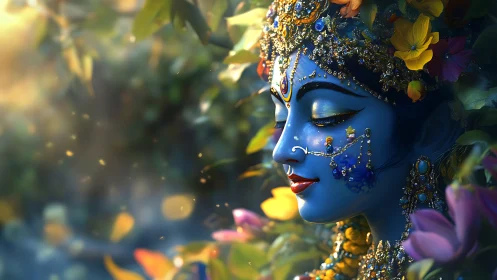 Divine blue portrait glows amid jeweled floral radiance.